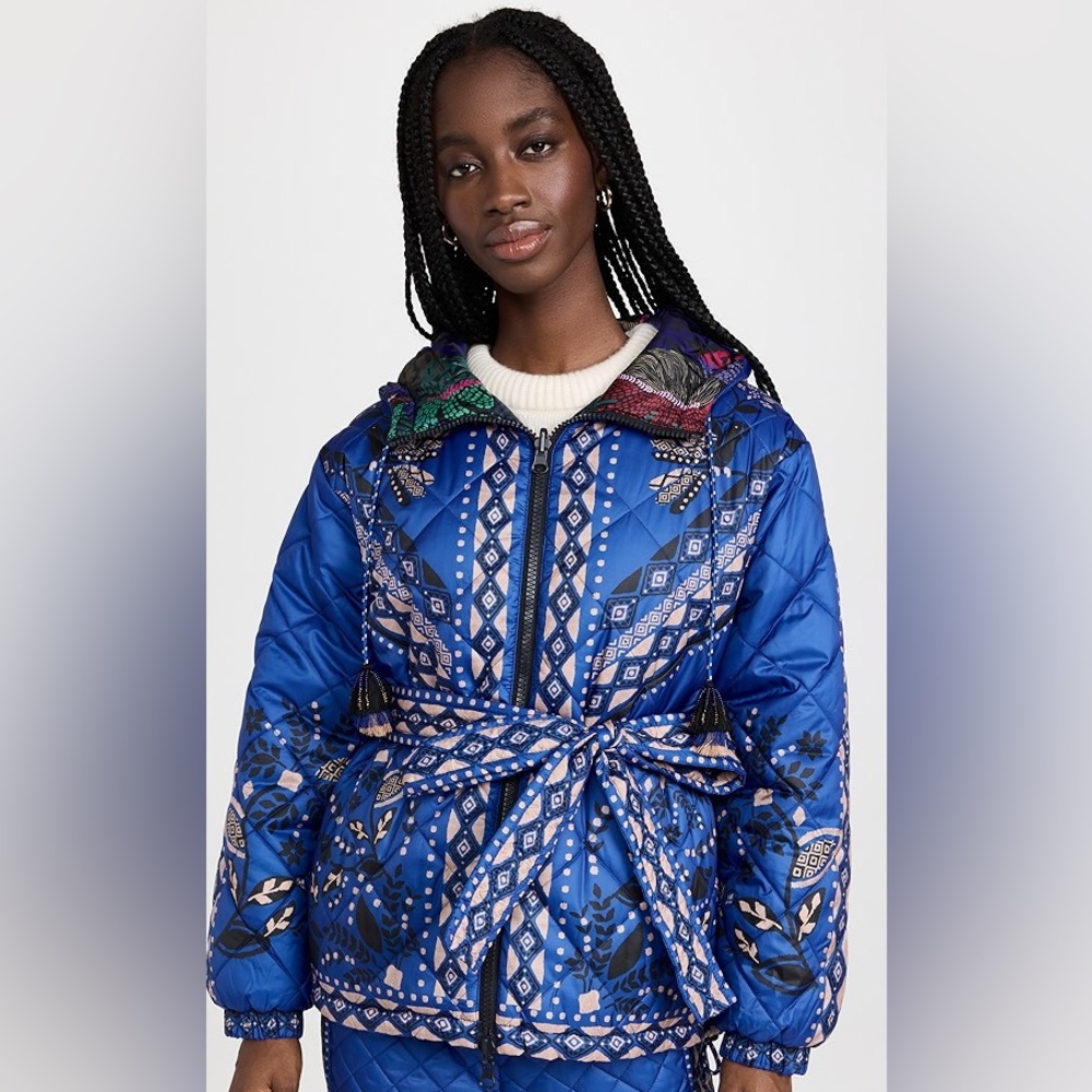 NWT Farm Rio | Macaw Forest Reversible Puffer Jacket | Cobalt Blue + Multicolor